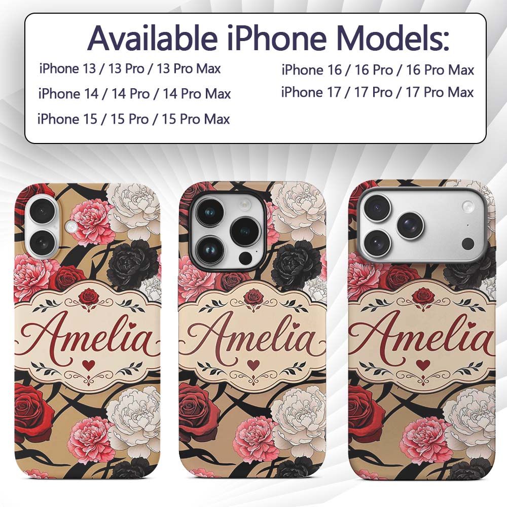 Elegant Rose Floral Pattern Red Printed Design Custom Name Protective Phone Case Mobile Cover Durable Everyday Smartphone Shock Resistant