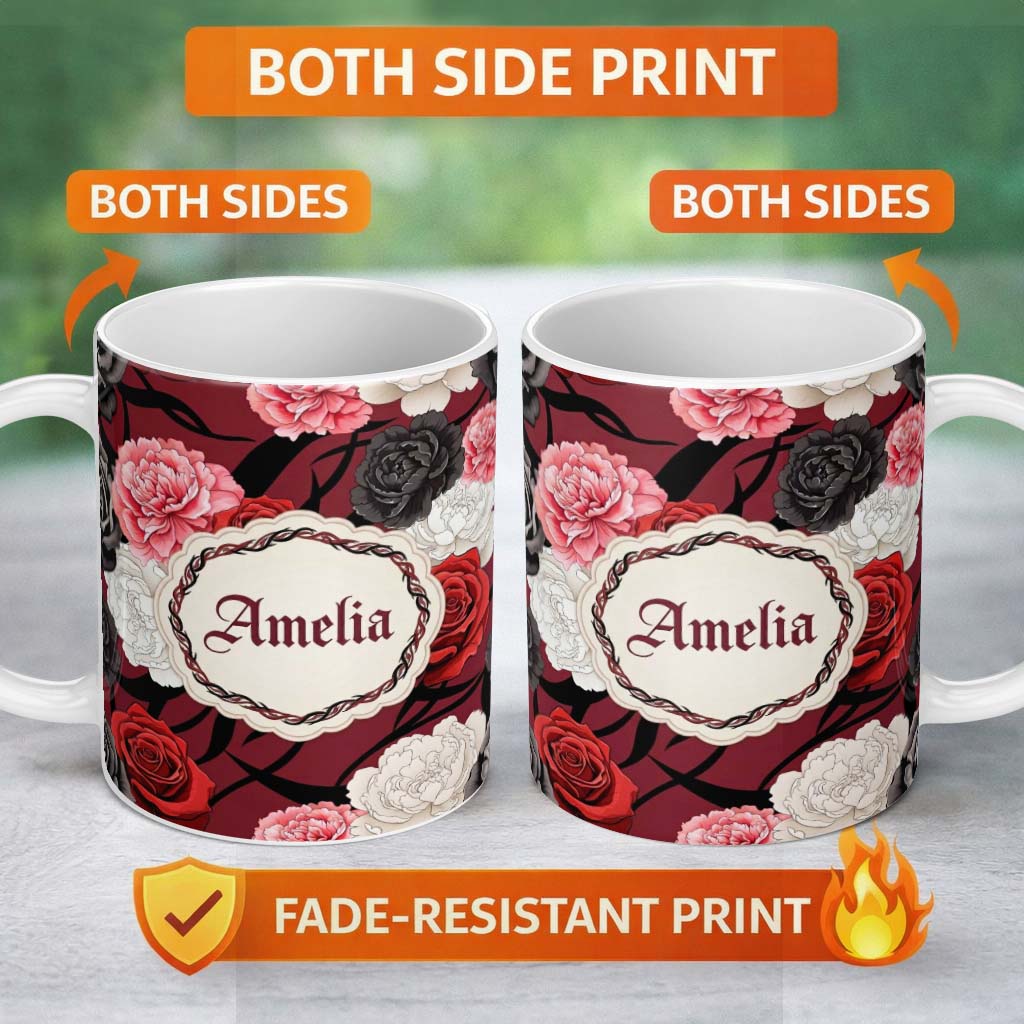 Personalized Custom Name Red Black White Floral Roses Peonies Seamless Pattern Bold Elegant 11oz Ceramic Coffee Tea Mug White Large Handle