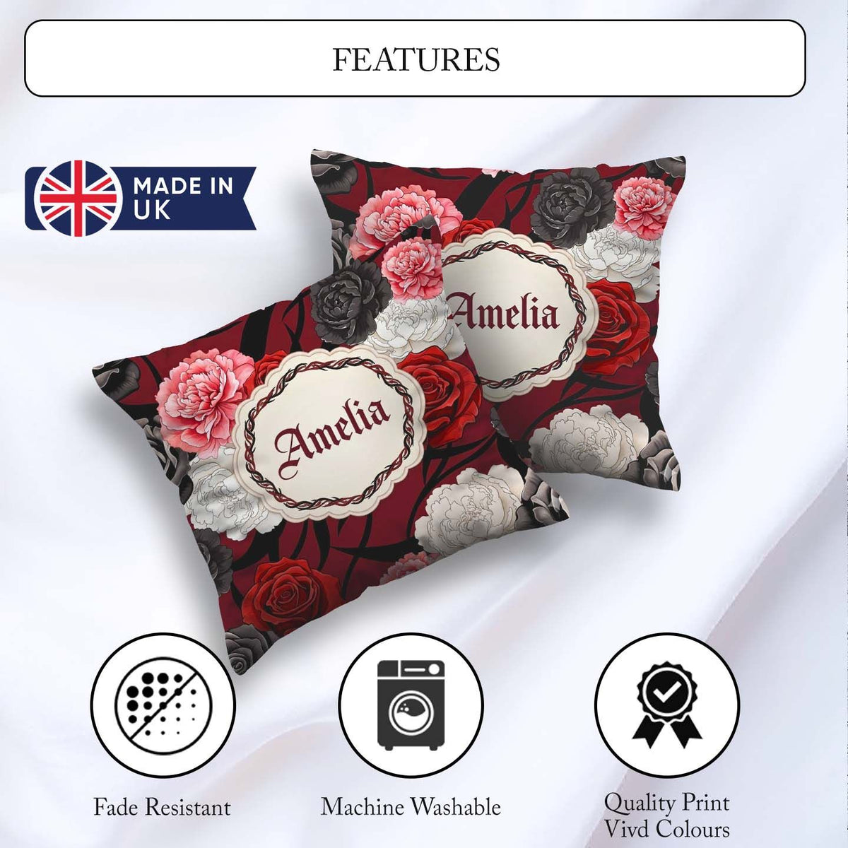 Custom Name Red Black White Floral Peonies Seamless Pattern Bold Square Filled Cushion Throw Pillow Sofa Bed Home Decor Zip Washable UK Made