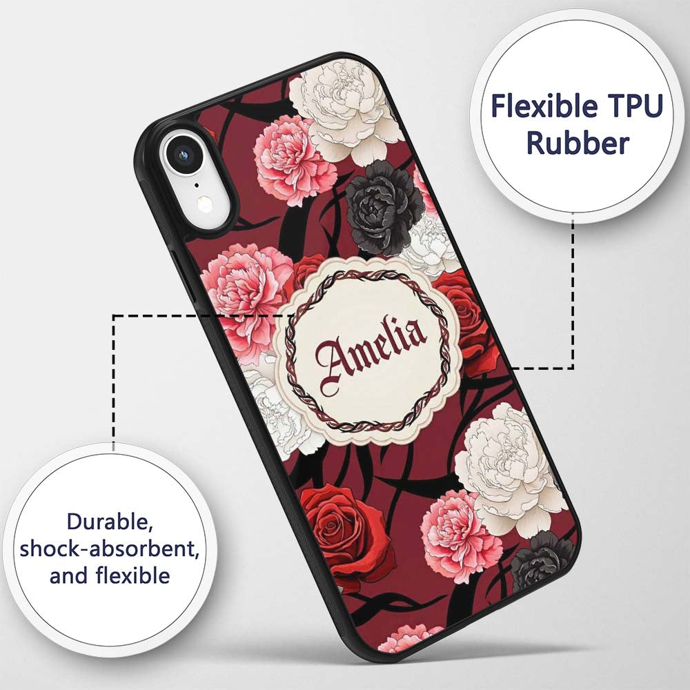 Red Black White Floral Roses Peonies Seamless Custom Name Protective Phone Case Mobile Cover Durable Everyday Smartphone Shock Resistant