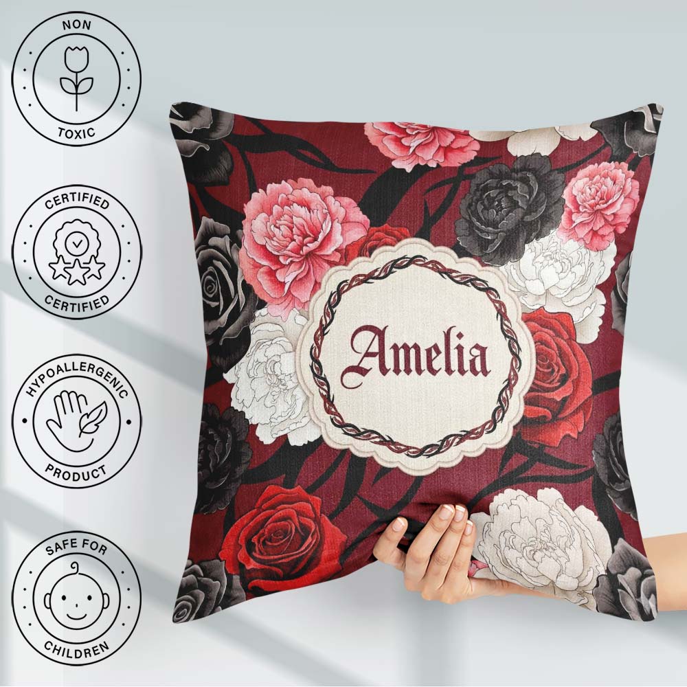 Custom Name Red Black White Floral Peonies Seamless Pattern Bold Square Filled Cushion Throw Pillow Sofa Bed Home Decor Zip Washable UK Made