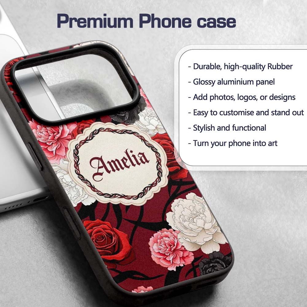 Red Black White Floral Roses Peonies Seamless Custom Name Protective Phone Case Mobile Cover Durable Everyday Smartphone Shock Resistant