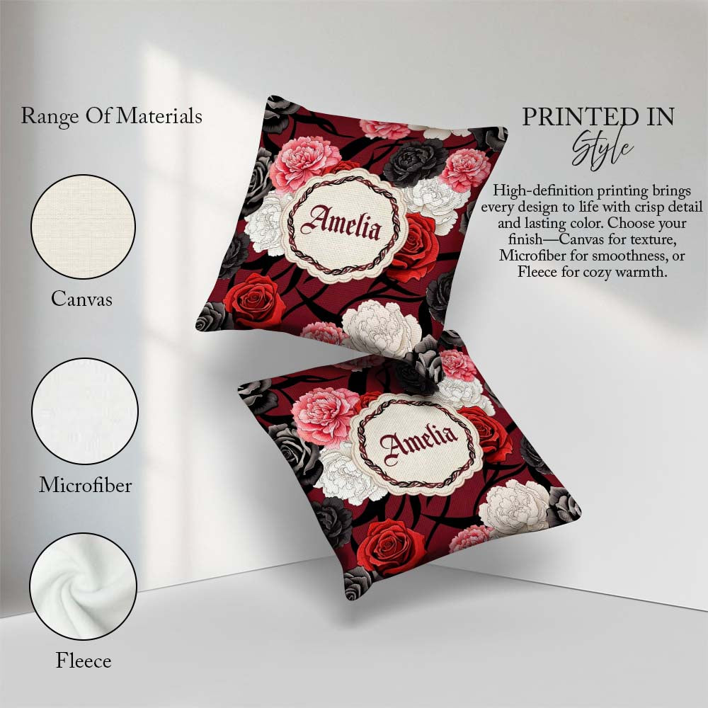 Custom Name Red Black White Floral Peonies Seamless Pattern Bold Square Filled Cushion Throw Pillow Sofa Bed Home Decor Zip Washable UK Made