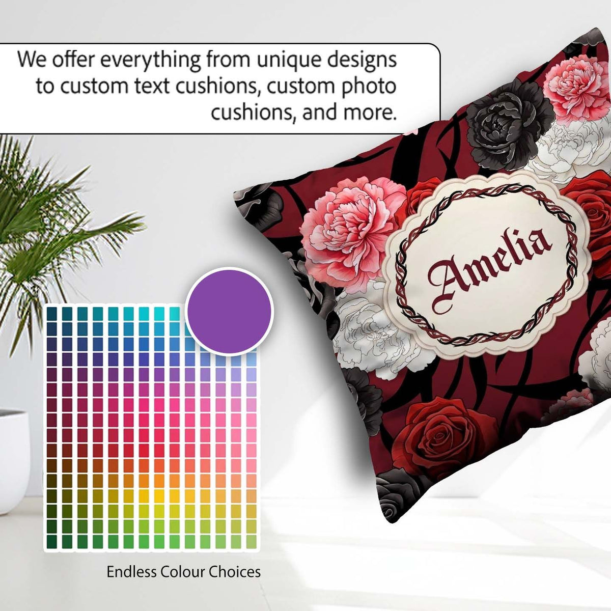 Custom Name Red Black White Floral Peonies Seamless Pattern Bold Square Filled Cushion Throw Pillow Sofa Bed Home Decor Zip Washable UK Made