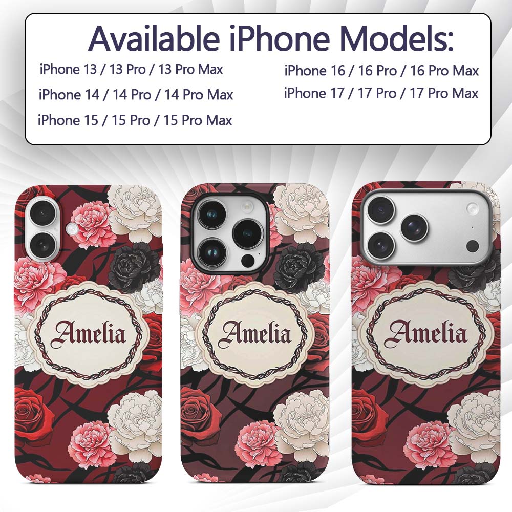 Red Black White Floral Roses Peonies Seamless Custom Name Protective Phone Case Mobile Cover Durable Everyday Smartphone Shock Resistant