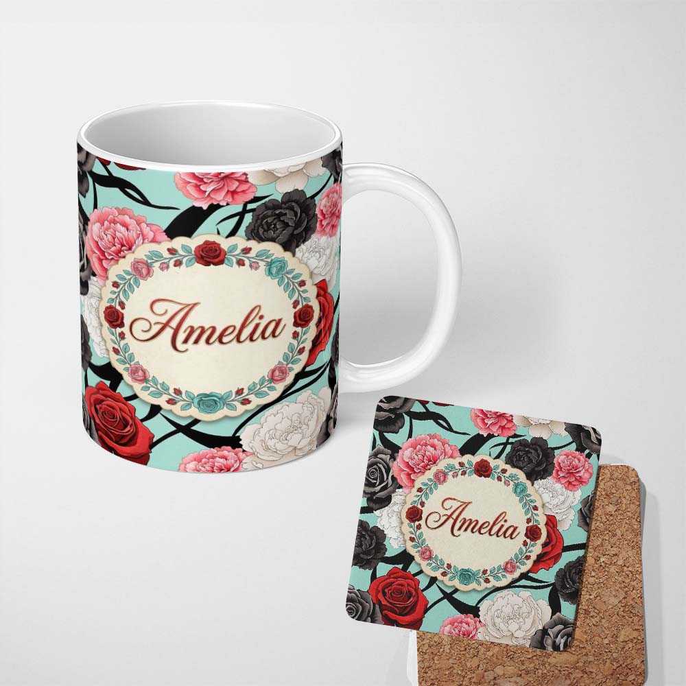 Personalized Custom Name Mint Green Background Red Black White Roses Peonies Seamless Floral 11oz Ceramic Coffee Tea Mug White Large Handle