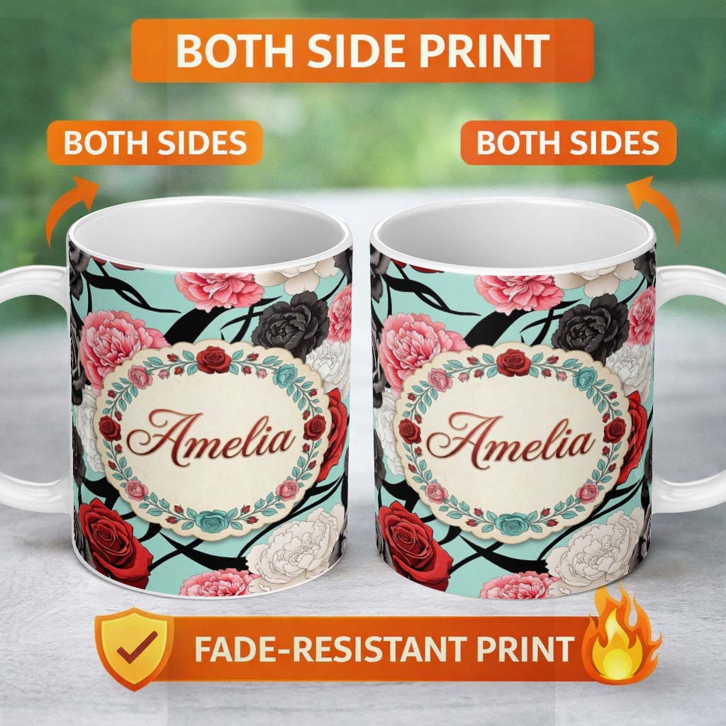 Personalized Custom Name Mint Green Background Red Black White Roses Peonies Seamless Floral 11oz Ceramic Coffee Tea Mug White Large Handle