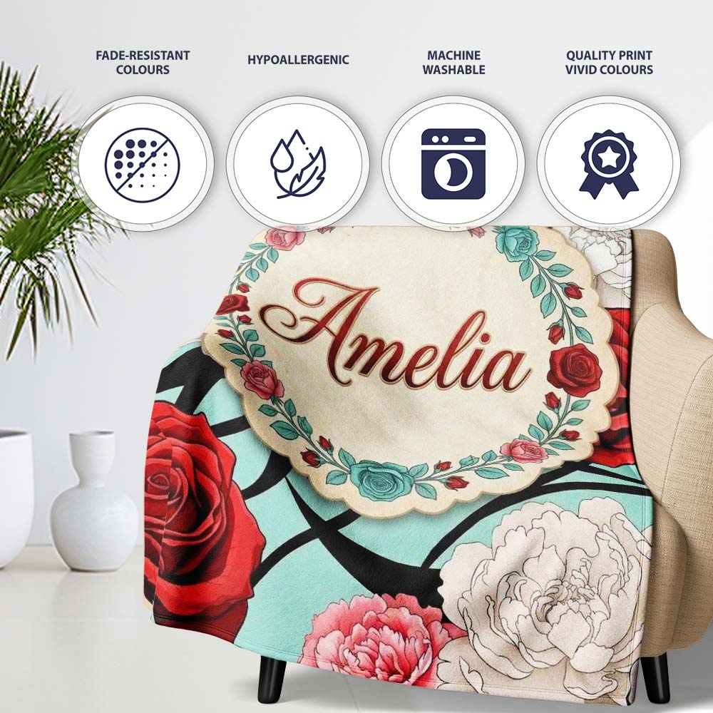 Mint Green Background Red Black White Roses Peonies Seamless Floral Personalised Custom Name Super Soft Fleece Blanket Bed Sofa Throw