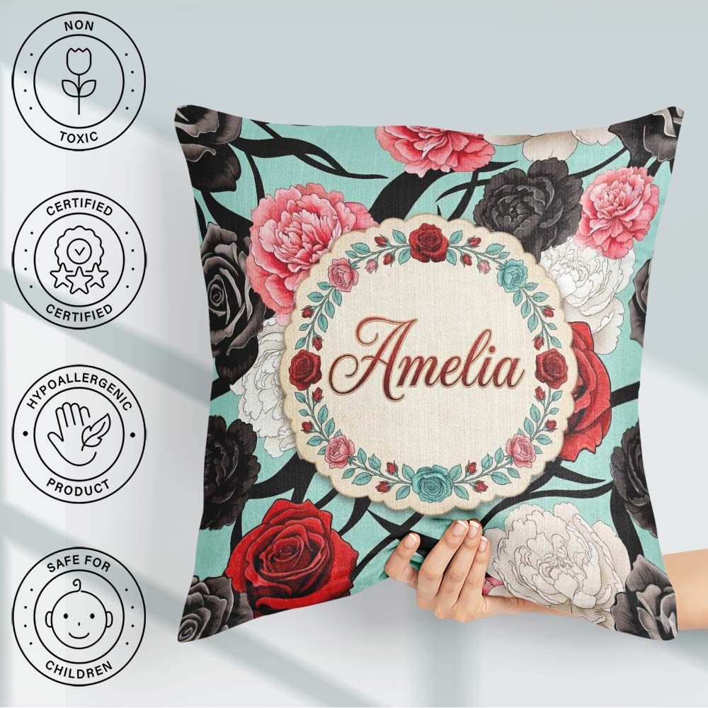 Custom Name Mint Green Background Red Black White Roses Seamless Square Filled Cushion Throw Pillow Sofa Bed Home Decor Zip Washable UK Made