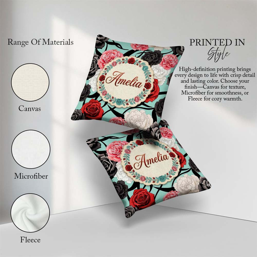 Custom Name Mint Green Background Red Black White Roses Seamless Square Filled Cushion Throw Pillow Sofa Bed Home Decor Zip Washable UK Made