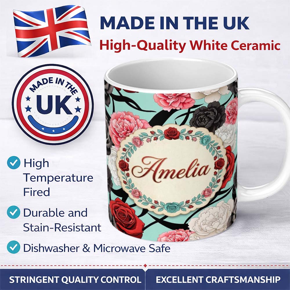 Personalized Custom Name Mint Green Background Red Black White Roses Peonies Seamless Floral 11oz Ceramic Coffee Tea Mug White Large Handle