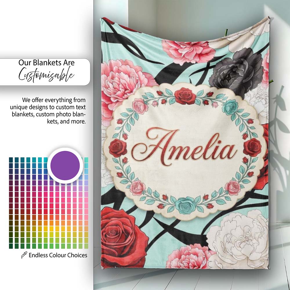 Mint Green Background Red Black White Roses Peonies Seamless Floral Personalised Custom Name Super Soft Fleece Blanket Bed Sofa Throw