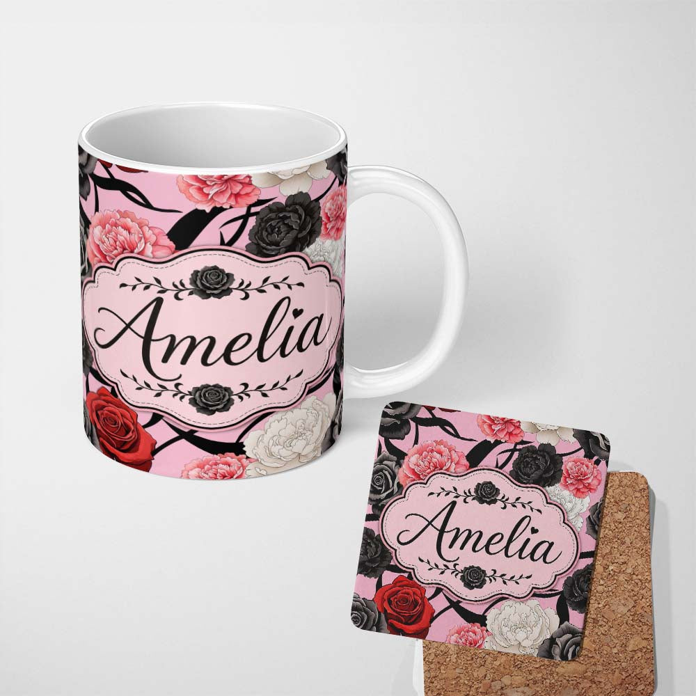 Personalized Custom Name Soft Pink Background Red Black White Roses Peonies Seamless Floral 11oz Ceramic Coffee Tea Mug White Large Handle