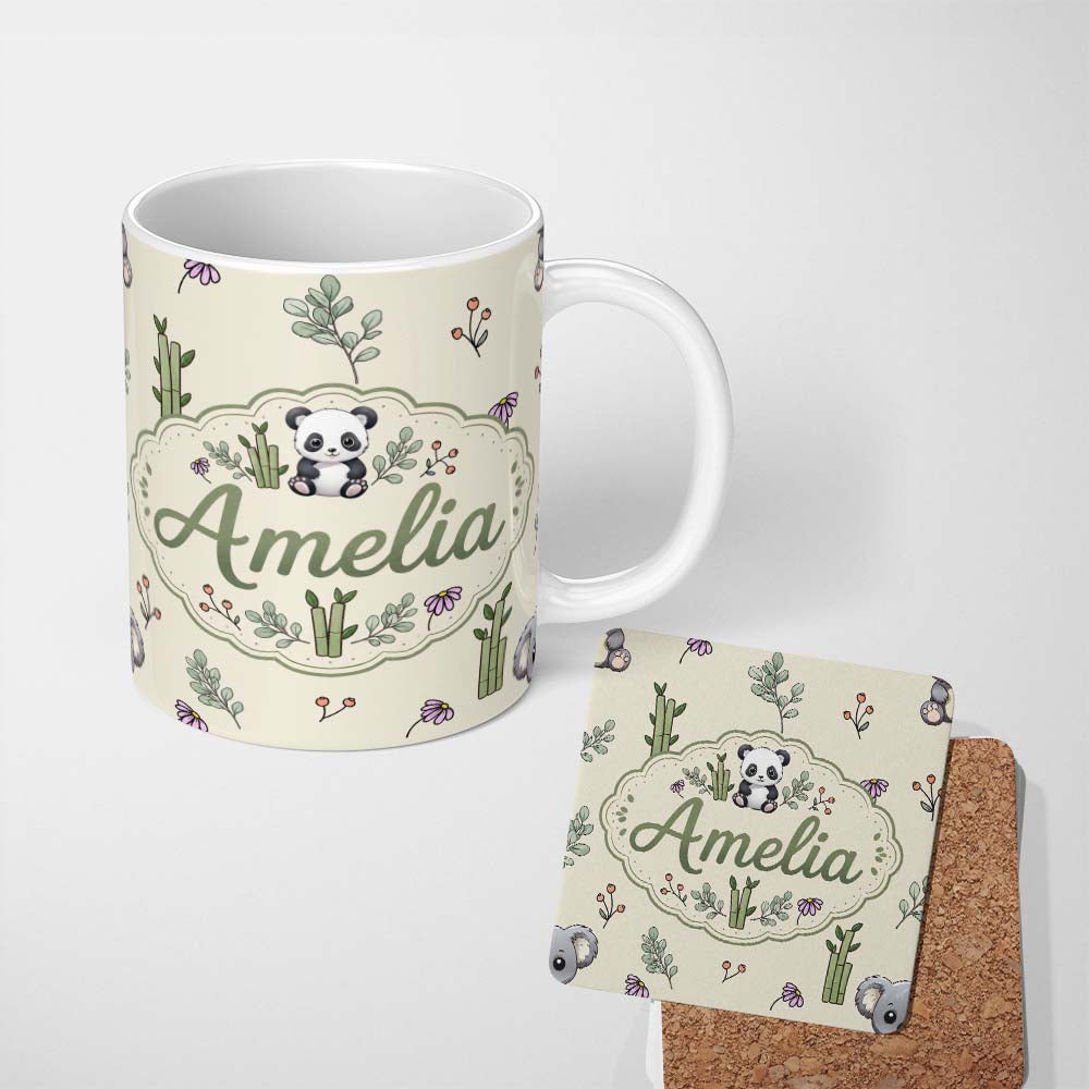 Personalized Custom Name Panda Bamboo and Floral Minimal on Neutral Beige Background Lovely 11oz Ceramic Coffee Tea Mug White Large Handle