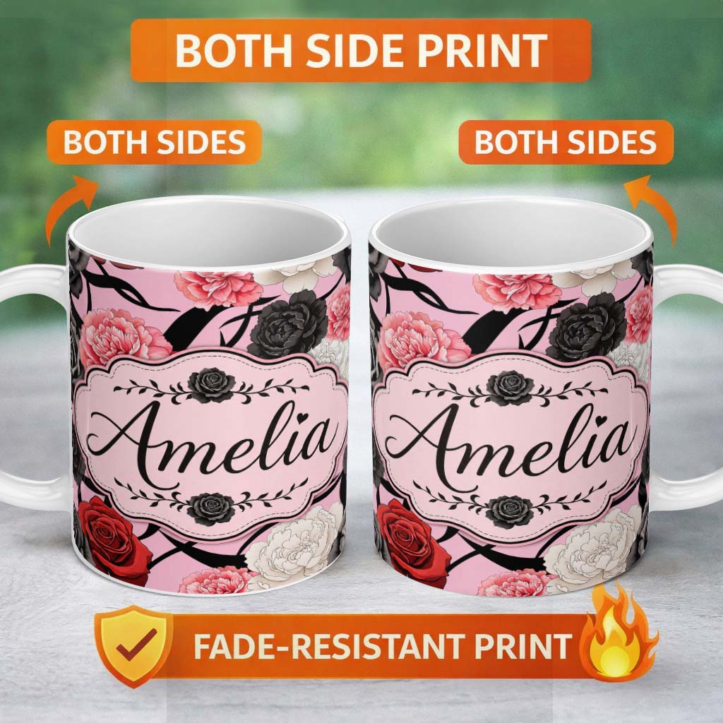 Personalized Custom Name Soft Pink Background Red Black White Roses Peonies Seamless Floral 11oz Ceramic Coffee Tea Mug White Large Handle
