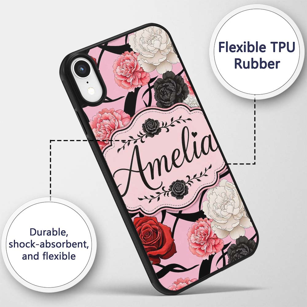 Soft Pink Background Red Black Printed Design Custom Name Protective Phone Case Mobile Cover Durable Everyday Smartphone Shock Resistant