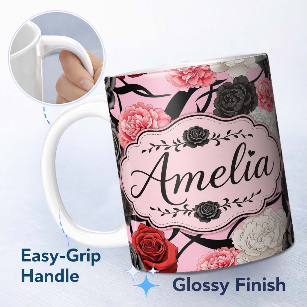 Personalized Custom Name Soft Pink Background Red Black White Roses Peonies Seamless Floral 11oz Ceramic Coffee Tea Mug White Large Handle