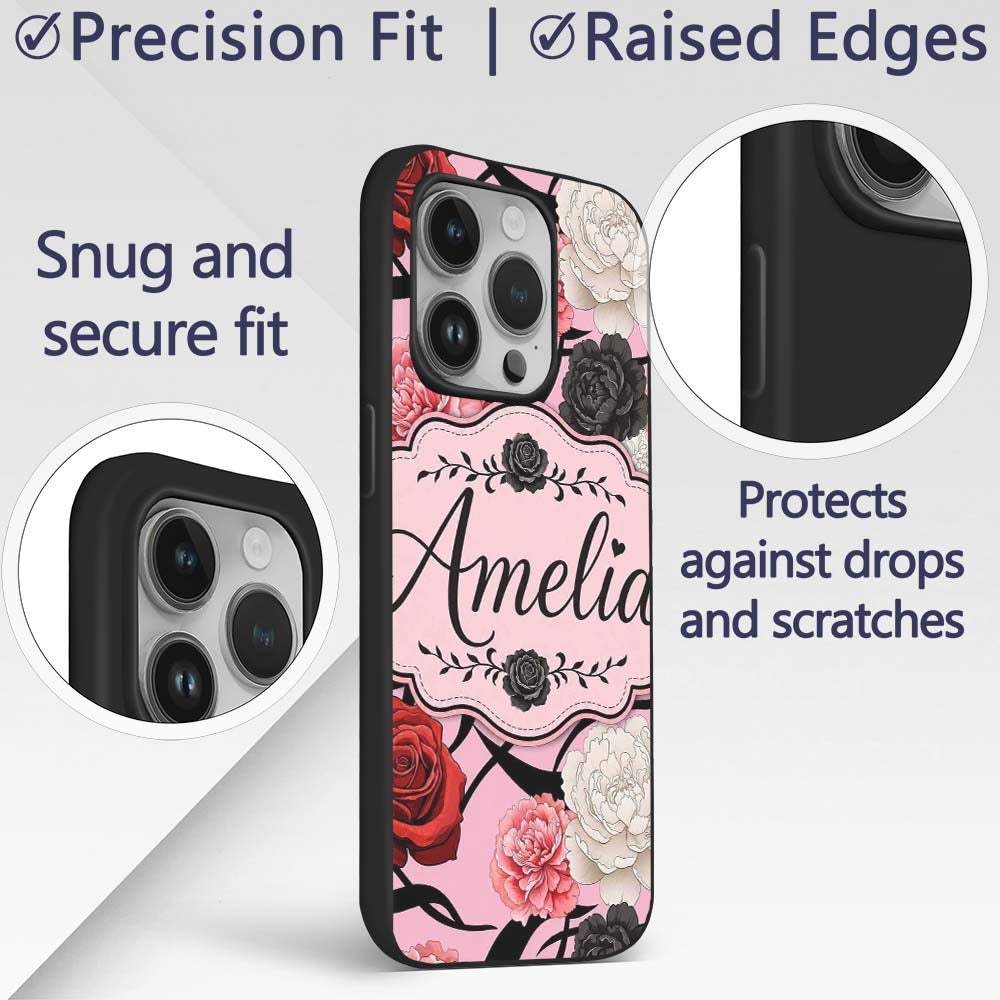 Soft Pink Background Red Black Printed Design Custom Name Protective Phone Case Mobile Cover Durable Everyday Smartphone Shock Resistant
