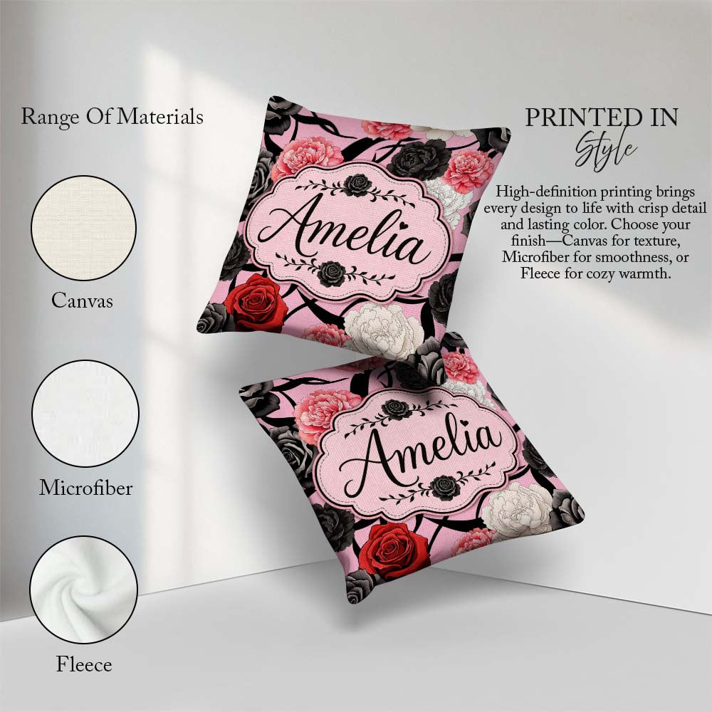 Custom Name Soft Background Red Black White Roses Peonies Floral Square Filled Cushion Throw Pillow Sofa Bed Home Decor Zip Washable UK Made