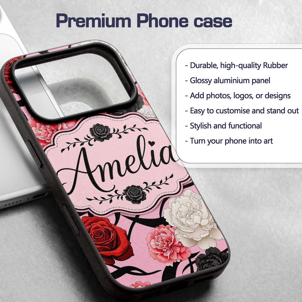 Soft Pink Background Red Black Printed Design Custom Name Protective Phone Case Mobile Cover Durable Everyday Smartphone Shock Resistant