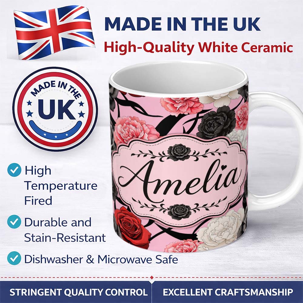 Personalized Custom Name Soft Pink Background Red Black White Roses Peonies Seamless Floral 11oz Ceramic Coffee Tea Mug White Large Handle
