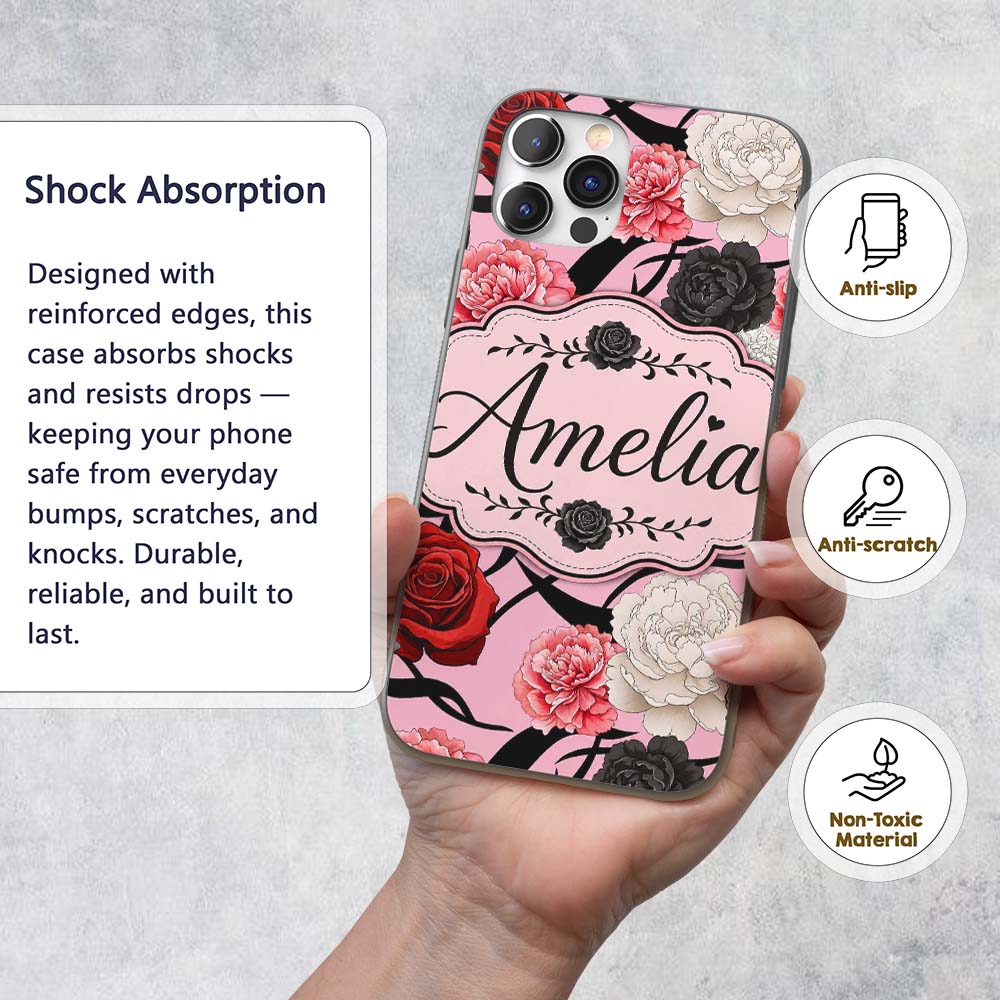 Soft Pink Background Red Black Printed Design Custom Name Protective Phone Case Mobile Cover Durable Everyday Smartphone Shock Resistant
