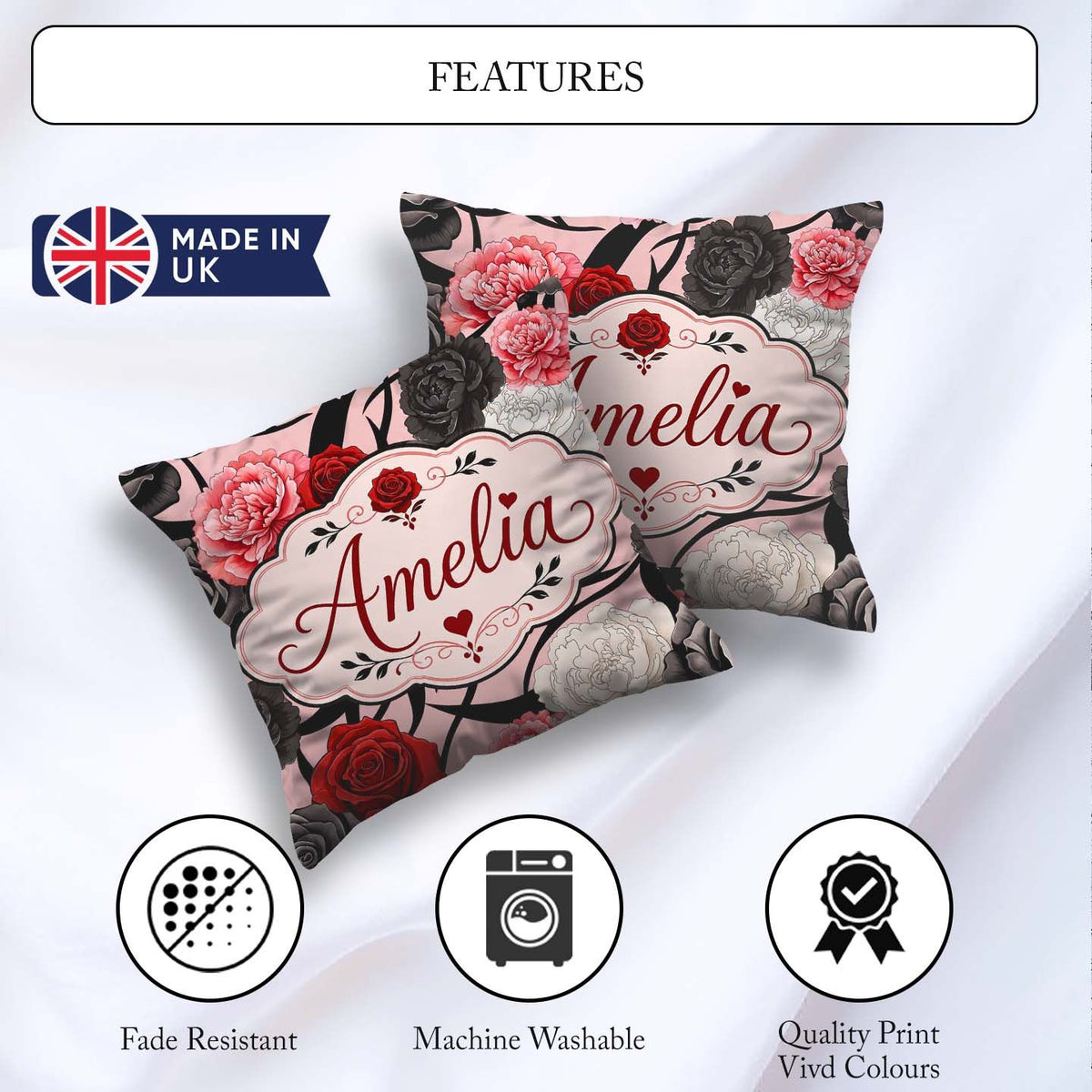 Custom Name Light Pink Background Red Black White Roses Seamless Square Filled Cushion Throw Pillow Sofa Bed Home Decor Zip Washable UK Made