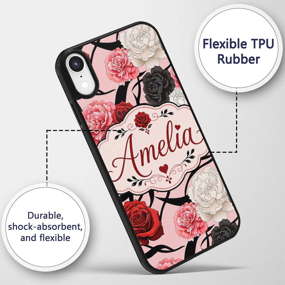 Light Pink Background Red Black Printed Design Custom Name Protective Phone Case Mobile Cover Durable Everyday Smartphone Shock Resistant