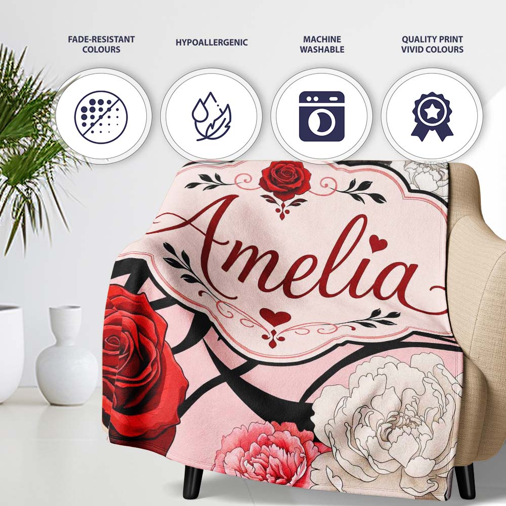 Light Pink Background Red Black White Roses Peonies Seamless Floral Personalised Custom Name Super Soft Fleece Blanket Bed Sofa Throw