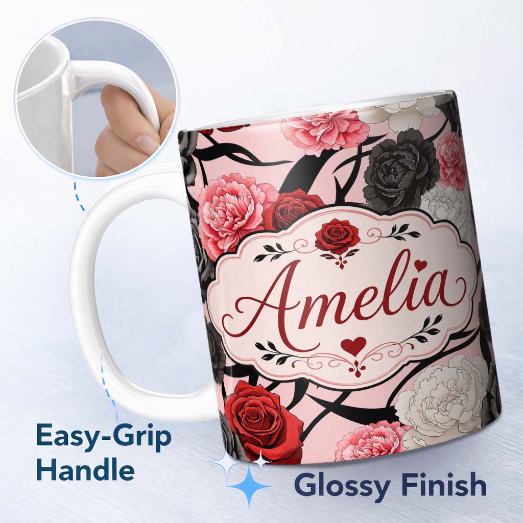Personalized Custom Name Light Pink Background Red Black White Roses Peonies Seamless Floral 11oz Ceramic Coffee Tea Mug White Large Handle