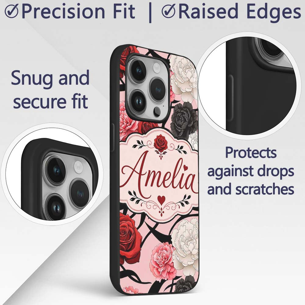 Light Pink Background Red Black Printed Design Custom Name Protective Phone Case Mobile Cover Durable Everyday Smartphone Shock Resistant