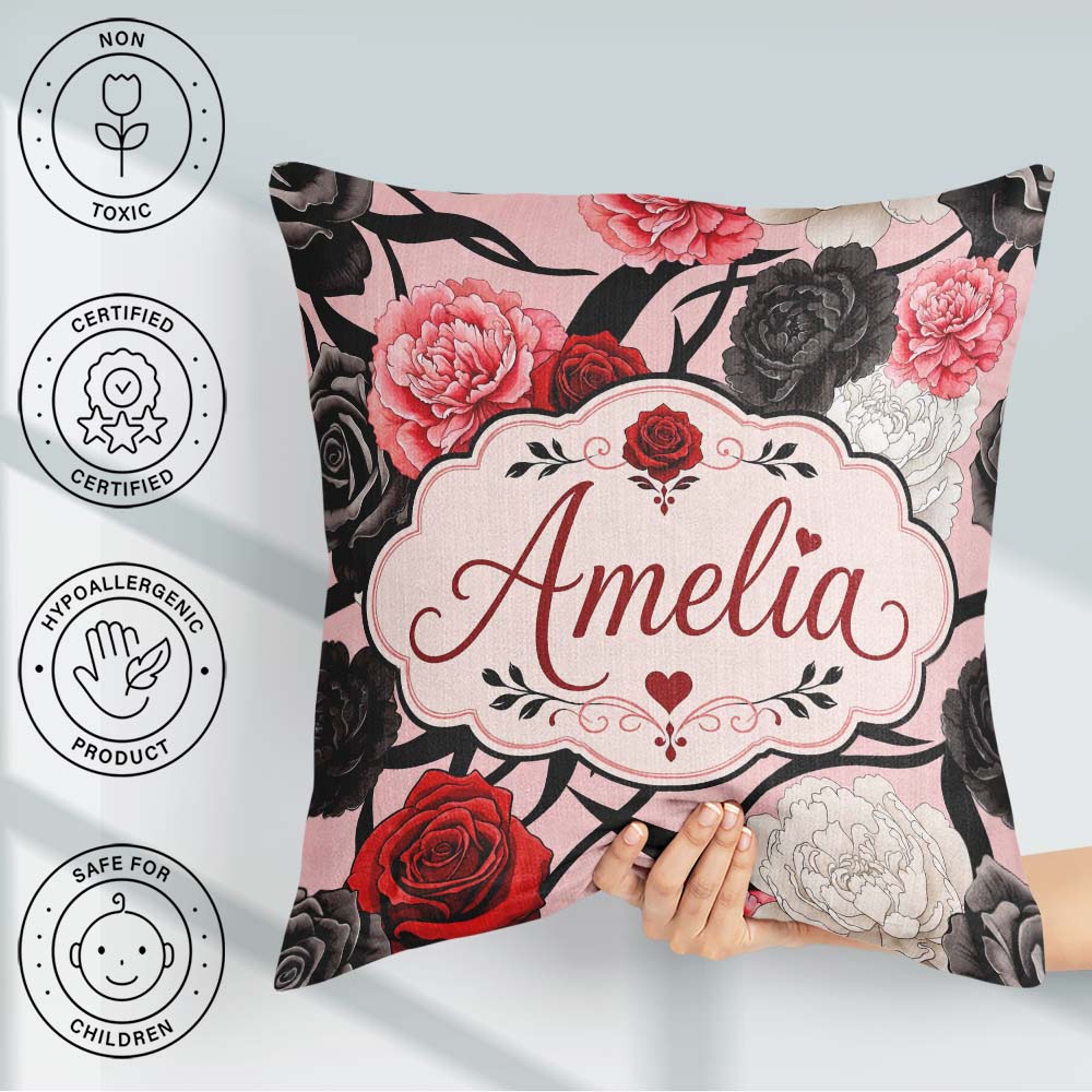 Custom Name Light Pink Background Red Black White Roses Seamless Square Filled Cushion Throw Pillow Sofa Bed Home Decor Zip Washable UK Made