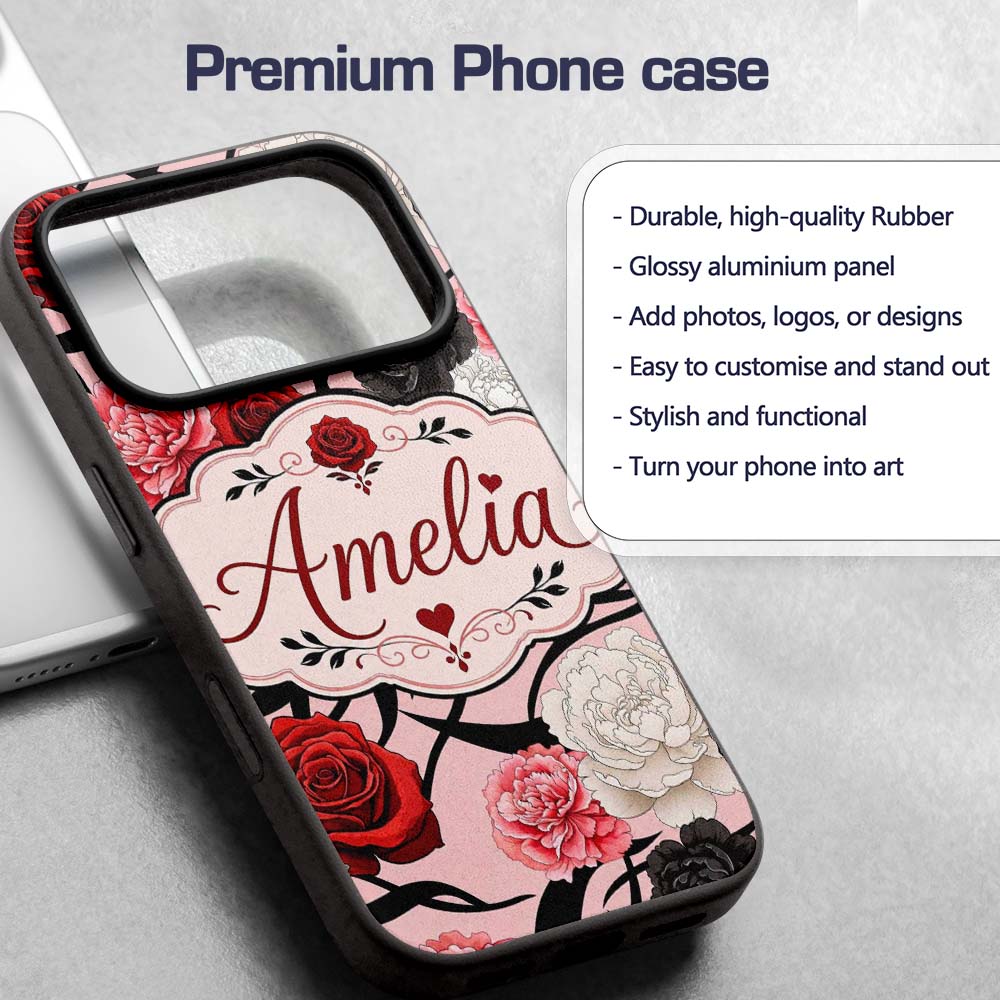 Light Pink Background Red Black Printed Design Custom Name Protective Phone Case Mobile Cover Durable Everyday Smartphone Shock Resistant