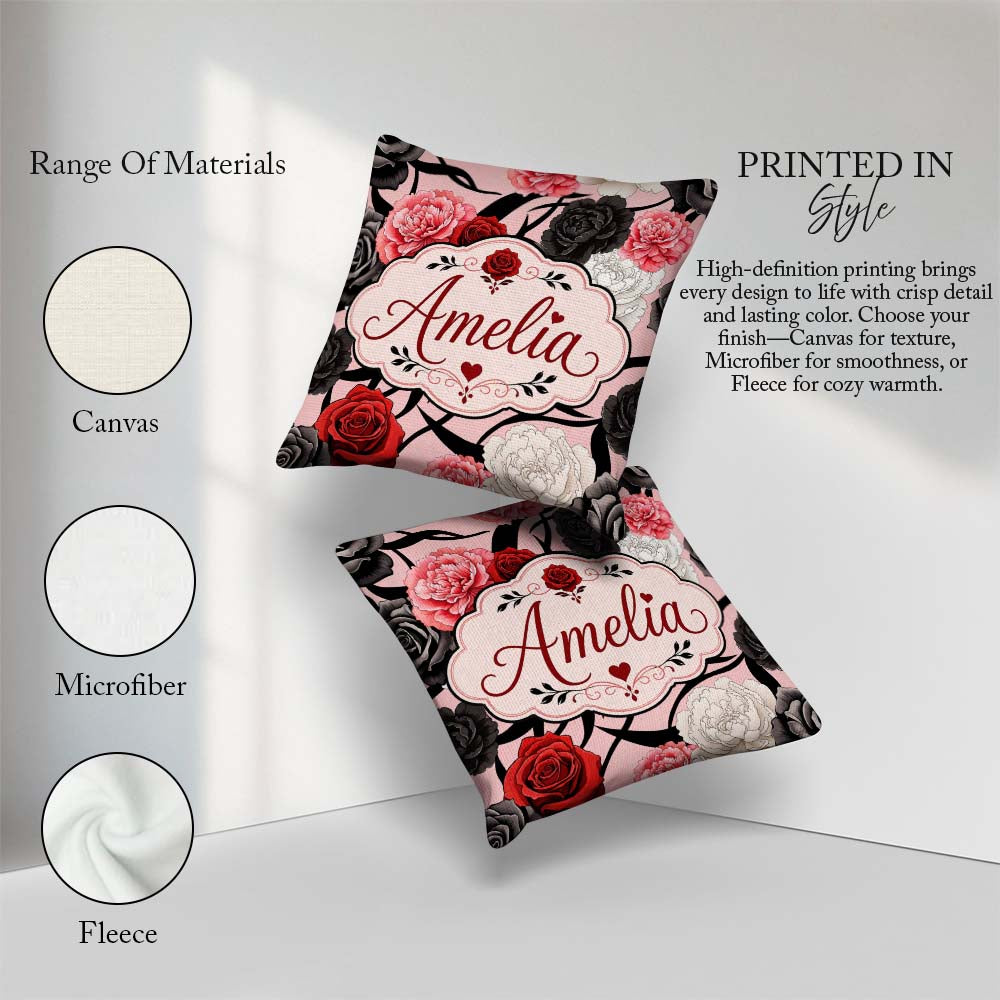 Custom Name Light Pink Background Red Black White Roses Seamless Square Filled Cushion Throw Pillow Sofa Bed Home Decor Zip Washable UK Made