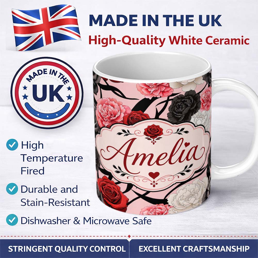 Personalized Custom Name Light Pink Background Red Black White Roses Peonies Seamless Floral 11oz Ceramic Coffee Tea Mug White Large Handle