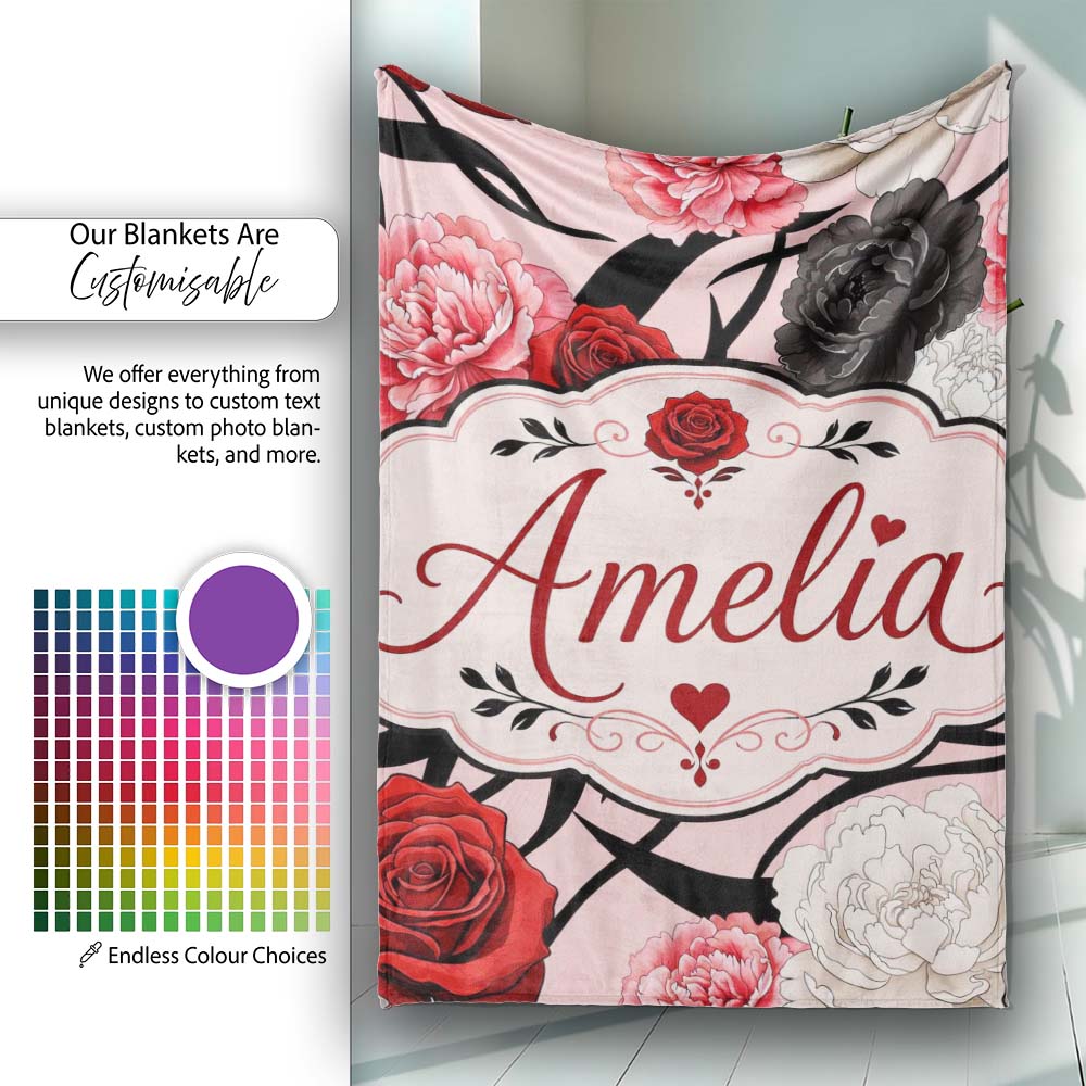 Light Pink Background Red Black White Roses Peonies Seamless Floral Personalised Custom Name Super Soft Fleece Blanket Bed Sofa Throw