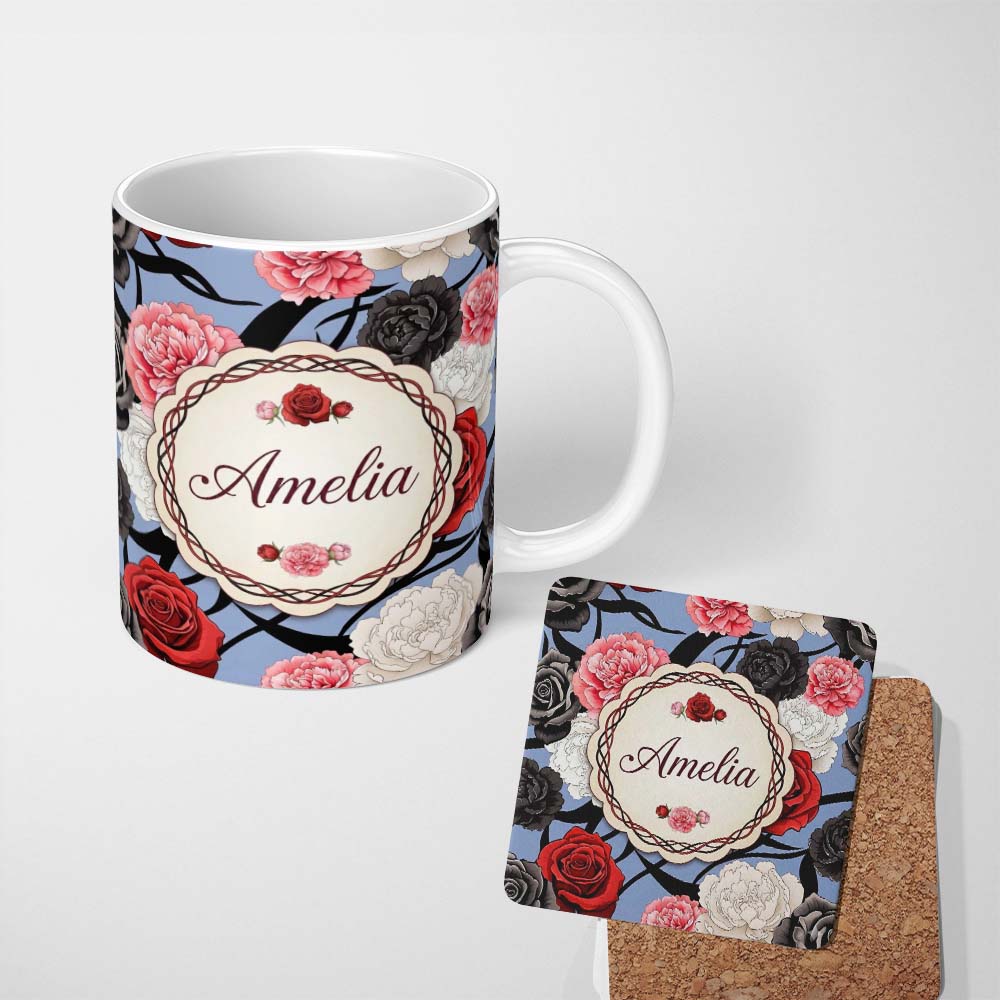 Personalized Custom Name Blue Grey Background Red Black White Roses Peonies Seamless Floral 11oz Ceramic Coffee Tea Mug White Large Handle