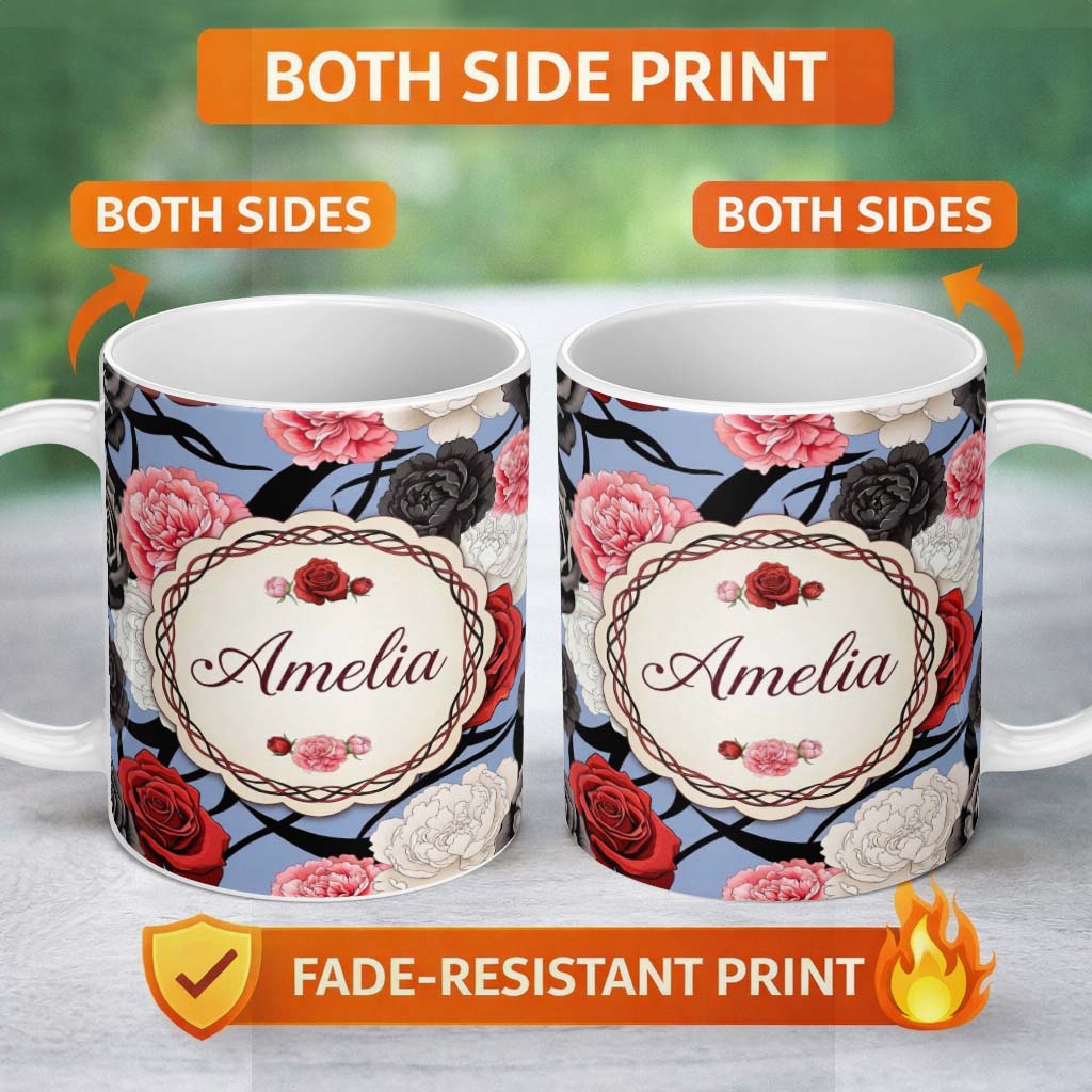 Personalized Custom Name Blue Grey Background Red Black White Roses Peonies Seamless Floral 11oz Ceramic Coffee Tea Mug White Large Handle