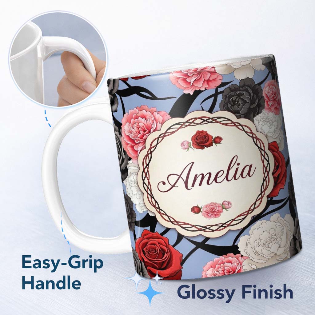 Personalized Custom Name Blue Grey Background Red Black White Roses Peonies Seamless Floral 11oz Ceramic Coffee Tea Mug White Large Handle