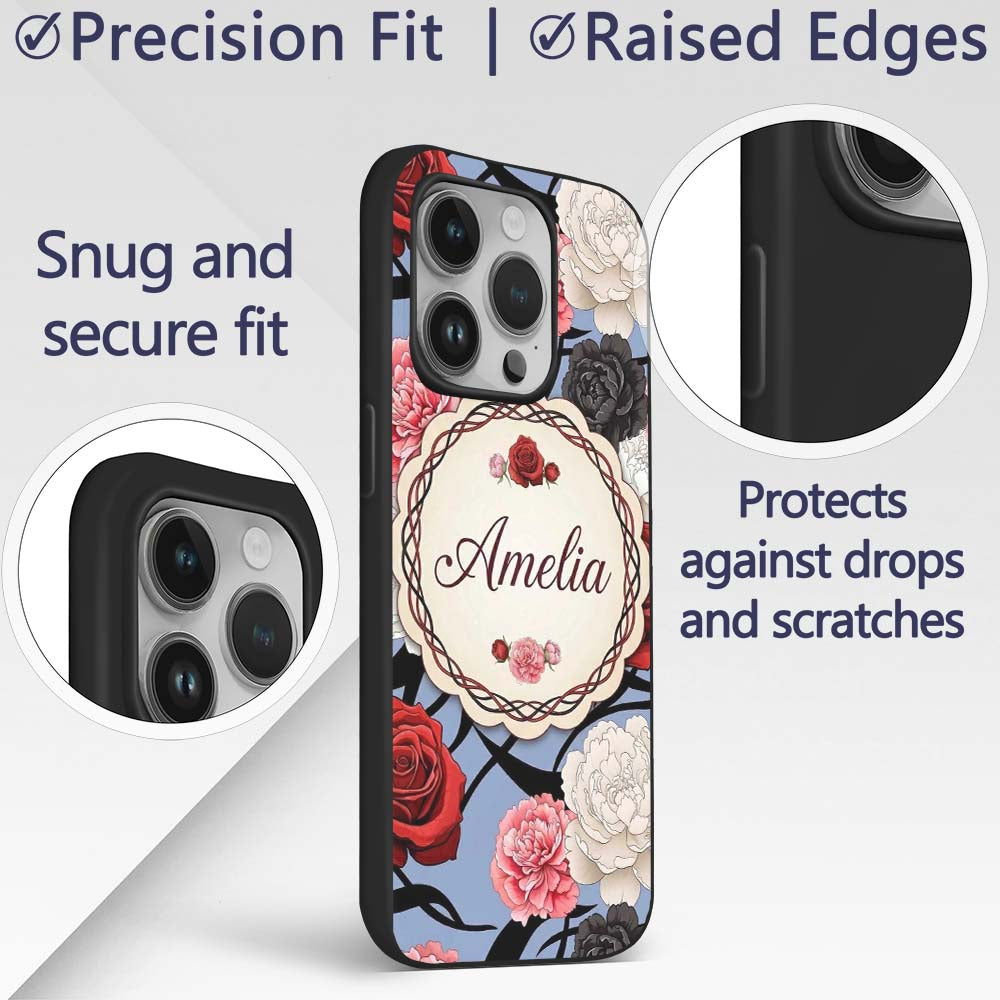 Blue Grey Background Red Black Printed Design Custom Name Protective Phone Case Mobile Cover Durable Everyday Smartphone Shock Resistant
