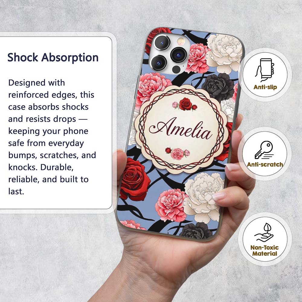 Blue Grey Background Red Black Printed Design Custom Name Protective Phone Case Mobile Cover Durable Everyday Smartphone Shock Resistant
