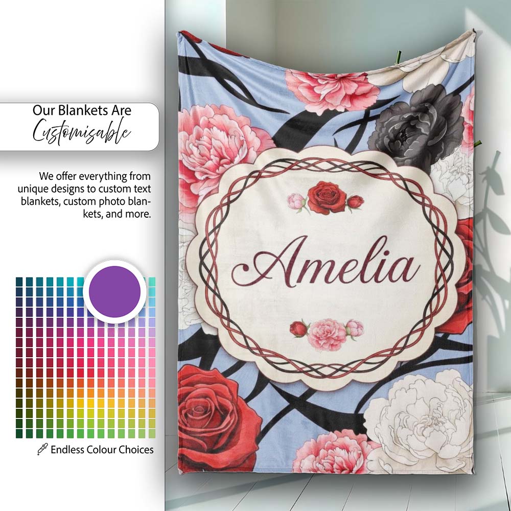 Blue Grey Background Red Black White Roses Peonies Seamless Floral Personalised Custom Name Super Soft Fleece Blanket Bed Sofa Throw