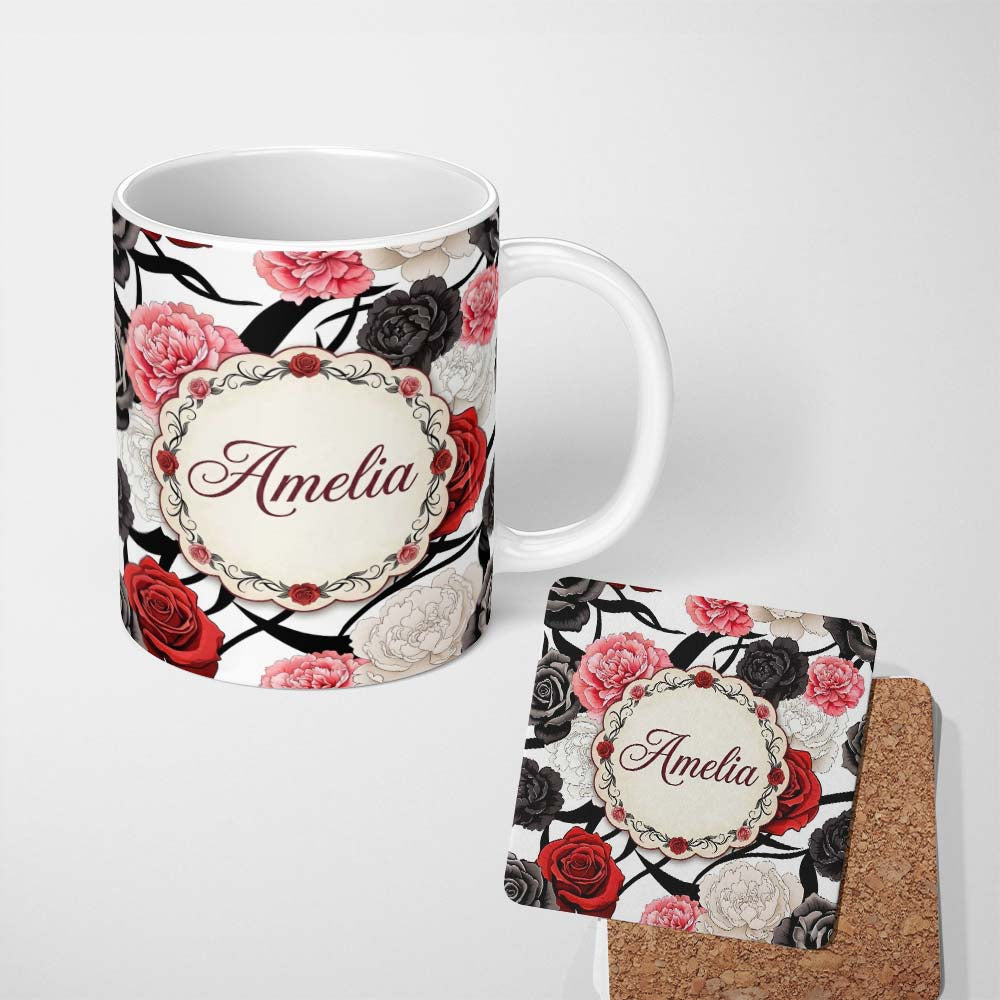 Personalized Custom Name Grey Background Red Black White Roses Peonies Seamless Floral 11oz Ceramic Coffee Tea Mug White Large Handle