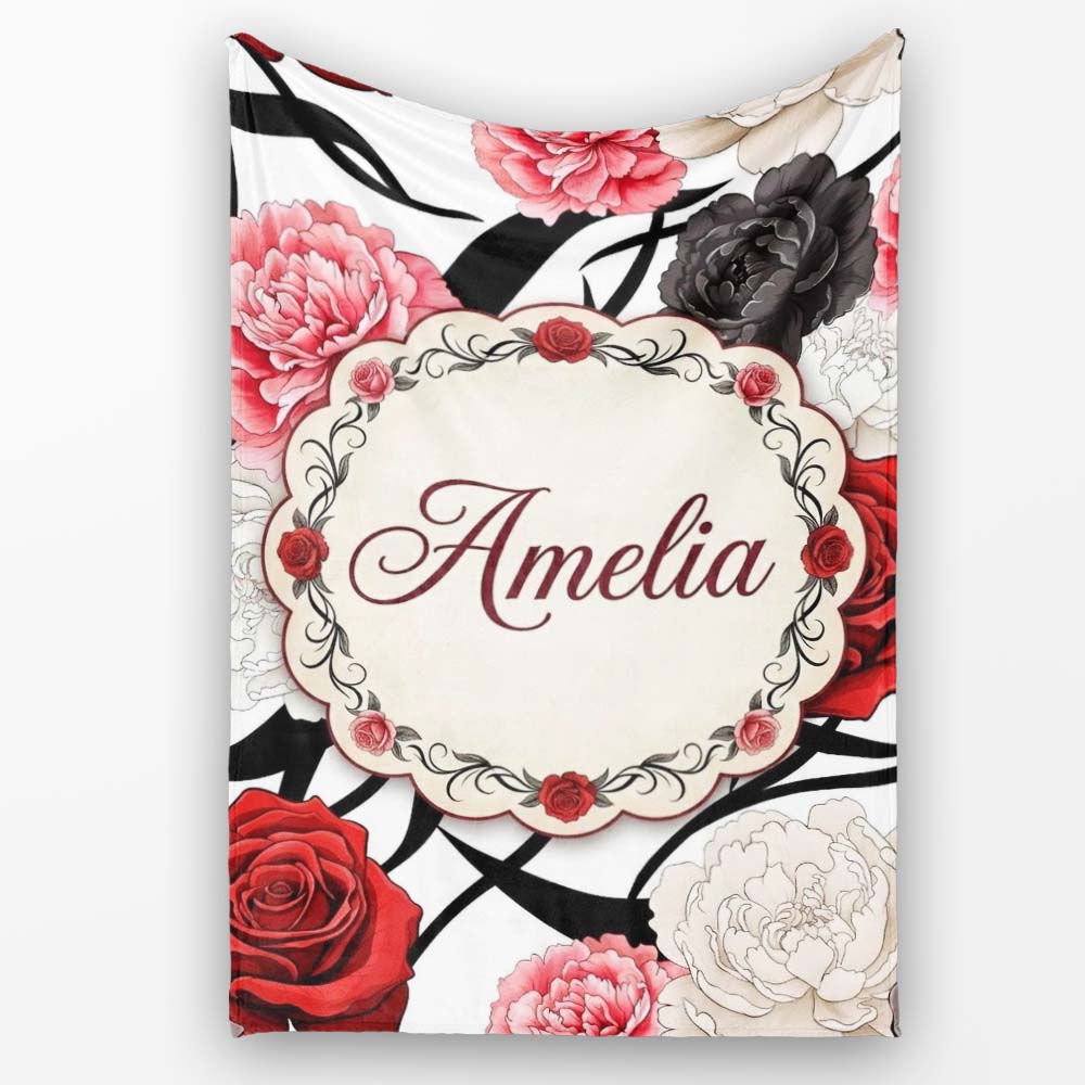 Grey Background Red Black White Roses Peonies Seamless Floral Personalised Custom Name Super Soft Fleece Blanket Bed Sofa Throw