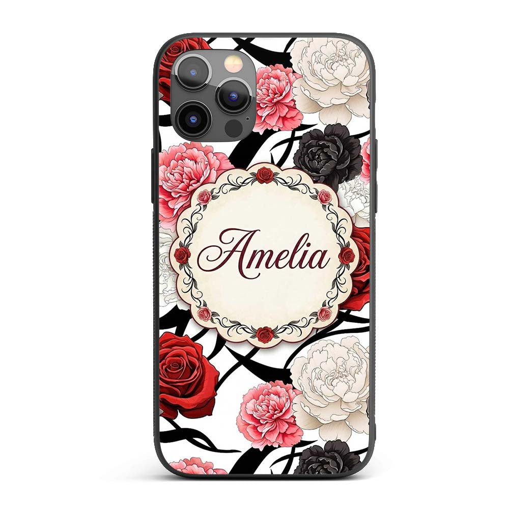 Grey Background Red Black White Roses Peonies Custom Name Protective Phone Case Mobile Cover Durable Everyday Smartphone Shock Resistant