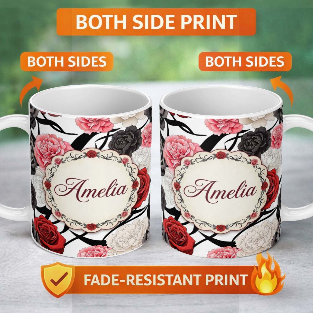 Personalized Custom Name Grey Background Red Black White Roses Peonies Seamless Floral 11oz Ceramic Coffee Tea Mug White Large Handle