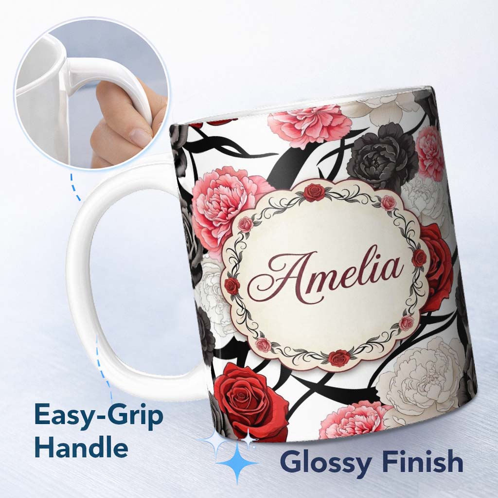 Personalized Custom Name Grey Background Red Black White Roses Peonies Seamless Floral 11oz Ceramic Coffee Tea Mug White Large Handle