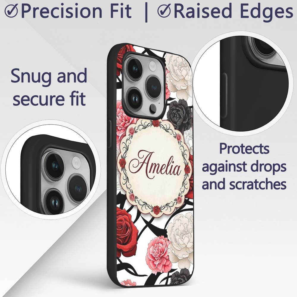 Grey Background Red Black White Roses Peonies Custom Name Protective Phone Case Mobile Cover Durable Everyday Smartphone Shock Resistant