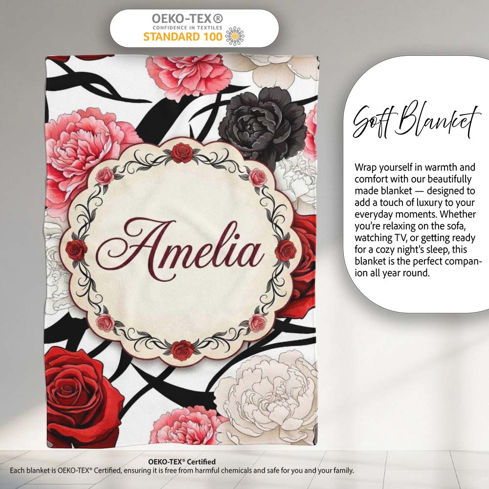 Grey Background Red Black White Roses Peonies Seamless Floral Personalised Custom Name Super Soft Fleece Blanket Bed Sofa Throw