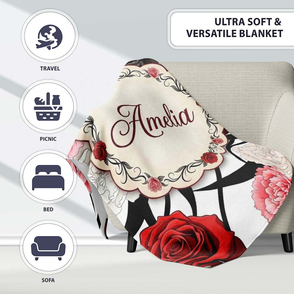 Grey Background Red Black White Roses Peonies Seamless Floral Personalised Custom Name Super Soft Fleece Blanket Bed Sofa Throw
